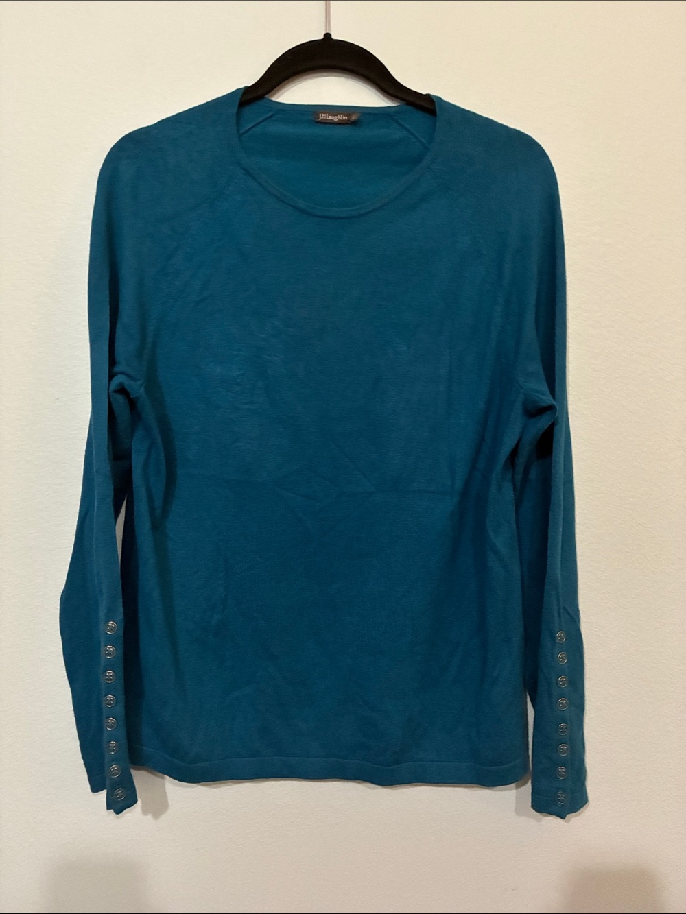 J. McLaughlin Long Sleeve Jamey Crewneck Sweater in Teal with Button Cuff - Picture 2 of 8